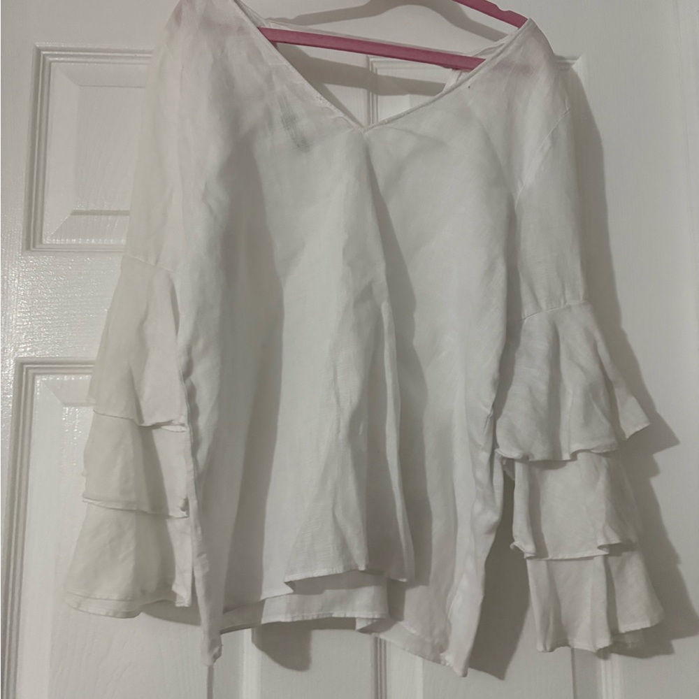 Zara White Bell Sleeve Ruffled Blouse